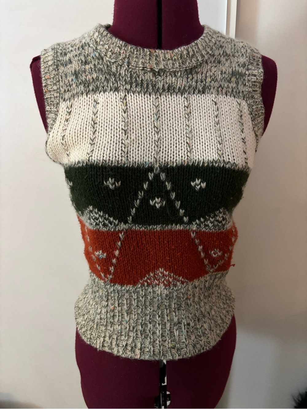 Vintage 60’s or 70’s Knit Sweater Vest,Cream, Forest Green & Rust, Size Medium